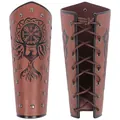 Braune Wikinger-Armschienen aus Kunstleder mit Vegvisir-Prägung und Schnürung hinten - Nordische Totem Armschienen (12) / Einzelstück / Braun