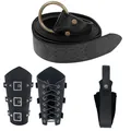 Mittelalterliches Ledergürtel- und Armschienen-Set für Halloween-Kostüme - Einheitsgröße / Dreiteiliges Set / Schwarz