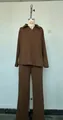 Detailed front view of a brown long-sleeved polo collar sweatshirt and wide-leg trousers set - XS / Top And Bottom (yq017) / Brown