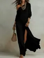Vue détaillée d'une élégante robe longue en maille noire avec fente à la cuisse - 3XL / Robes / Noir