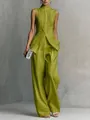 Elegantes olivgrünes zweiteiliges Leinenset mit ärmellosem Oberteil und weiter Hose - S / Oberteil Und Unterteil / Armeegrün