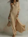 Robe longue en tricot beige à manches longues, épaules dénudées et fente haute. - 3XL / Robes / Kaki