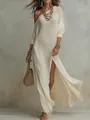 Robe longue élégante en maille à épaules dénudées avec plis et fente latérale haute - 3XL / Robes / Blanc