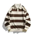 Sudadera polo de rayas marrones y blancas de gran tamaño con diseño de cuello clásico - 3XL / Tops / Café
