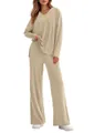 Women's comfortable 2-piece lounge set featuring long sleeve V-neck top and pants in beige - S / Top And Bottom / Beige