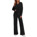 Comfortable black two-piece lounge set with V-neck long sleeve top and wide-leg pants - S / Top And Bottom / Black