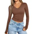 Slim fit brown V-neck long sleeve T-shirt for women made of soft and elastic fabric - Dark Brown