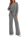 Grey ribbed two-piece loungewear set with V-neck long-sleeve top and wide-leg pants - S / Top And Bottom / Gray