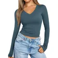 Detailed view of a slim fit women's long sleeve V-neck t-shirt in teal blue color - XS / Tops / Aqua