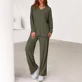 Comfortable women's dark olive green long-sleeve V-neck top and wide-leg pants two-piece lounge set - S / Top And Bottom / Grey Green