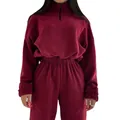 Women's burgundy long-sleeve quarter-zip sweatshirt and matching sweatpants set - L / Top And Bottom / Burgundy