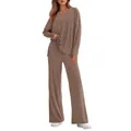 Relaxed two-piece lounge set with long sleeve V-neck top and wide leg pants in brown - Khaki