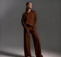 Modisches kaffeebraunes Polo-Sweatshirt und weite Hose im eleganten zweiteiligen Set - Einheitsgröße / Oberteil Und Unterteil / Braun