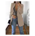 Elegante beige slim-fit damesblazer met een klassieke reverskraag en open voorzijde - S / Tops / Khaki