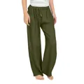 Close-up detail of girls' olive green cotton linen wide-leg pants with drawstring waist - Army Green