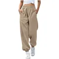 Close-up front view of women high-waisted loose khaki joggers featuring side pockets - S / Bottoms / Khaki