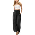 Close-up detail of girls black linen wide-leg trousers with drawstring waist and pockets - Bottoms / Black / 110cm