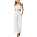 Front view of girls' white linen wide-leg pants featuring a functional drawstring waist - Bottoms / White / 110cm