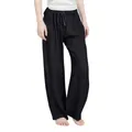 Close-up detail of girl's black cotton linen wide-leg trousers with drawstring waist. - Black
