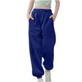 Detailweergave van de koningsblauwe losse kinderjoggingbroek met trekkoord en boorden - 110cm / Bottoms / Blauw
