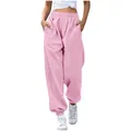 Detail view of pink high-waisted baggy sweatpants featuring functional side pockets - Lavender