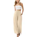 Full-length detail of beige linen wide-leg pants with elastic waist and drawstring - Bottoms / Apricot / 110cm