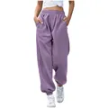 Front view showing women's lavender high-waisted loose joggers with side pockets. - S / Bottoms / Violet