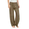 Detail of girls' cotton linen wide-leg trousers in brown with drawstring waist - Coffee