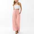 Pink linen wide-leg pants for girls with adjustable drawstring and practical side pockets - 110cm / Bottoms / Pink