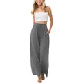 Detailed view of grey linen wide-leg trousers for girls with drawstring waist. - Bottoms / Gray / 110cm