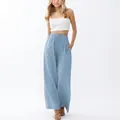 Casual girls light blue wide leg linen trousers featuring a drawstring waist and side pockets - Bottoms / Blue / 120cm