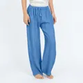 Detailed front view of girls blue cotton linen wide-leg pants with elastic drawstring waist - Bottoms / Blue / 110cm