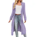 Gilet long violet à manches longues avec bordure en dentelle élégante et coupe ample - Violet