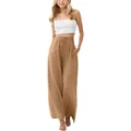 Detailed view of girls brown linen wide-leg trousers with drawstring and pockets - Bottoms / Light Khaki / 120cm