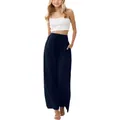 Full length view of navy blue linen wide leg trousers for girls with elastic waist - Bottoms / Navy Blue / 120cm