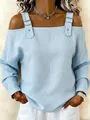 Close-up of light blue off-the-shoulder long sleeve top with buckle and button detail - Light Blue