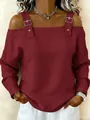 Close-up detail view of burgundy off-shoulder top with chain and buckle accents - S / Tops / Burgundy