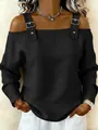 Detailed view of women's black off-the-shoulder top featuring stylish buckle straps - S / Tops / Black