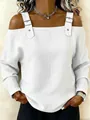 Front detailed shot of a stylish white off-the-shoulder top with buckle straps - S / Tops / White