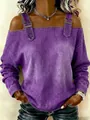 Detail of purple cold-shoulder long sleeve top with buckle straps and denim texture - Denim Purple