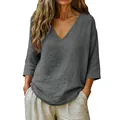 Detailed view of women's loose V-neck blouse in gray slub cotton linen-like fabric - Dark Gray
