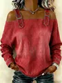 Detail view of a stylish red off-shoulder long sleeve top with decorative buckle straps - Denim Red