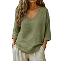Comfortable casual loose V-neck top for women in olive green slub cotton with 3/4 sleeves - Army Green