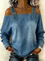 Stylish women's off-shoulder denim print long sleeve top with decorative metal straps - Denim Blue