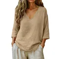 Detailed view of a women's casual loose khaki slub cotton top with an elegant V-neckline - Khaki