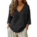 Detailed view of loose black slub cotton V-neck top with three-quarter sleeves - Black