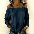 Sexy women's off-shoulder long sleeve top with decorative metal buckle straps. - Dark Blue
