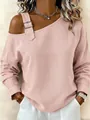 Vista detallada de la blusa asimétrica rosa de lino y algodón con hombro caído - S / Tops / Rosa