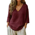 Close-up detail of women's loose V-neck top in burgundy slub cotton fabric - Dark Red