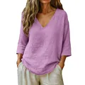 Women's casual loose purple V-neck tunic top with slub cotton texture and mid-sleeves - Purple